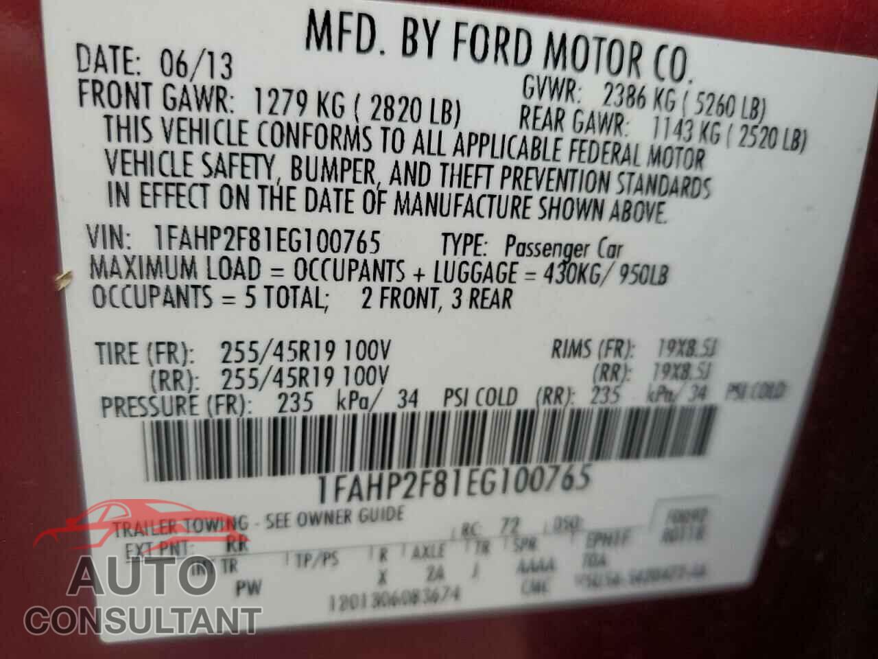 FORD TAURUS 2014 - 1FAHP2F81EG100765