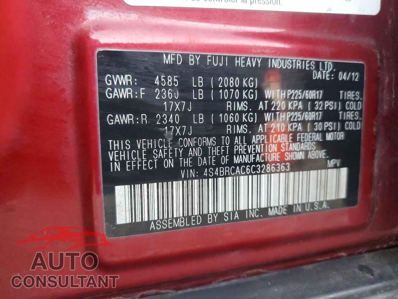 SUBARU OUTBACK 2012 - 4S4BRCAC6C3286363