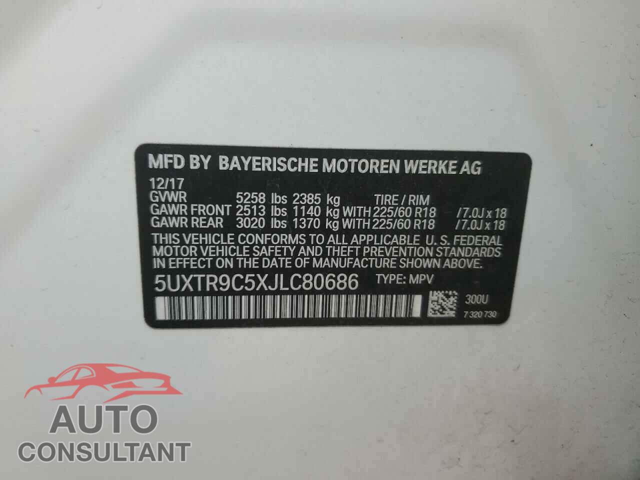 BMW X3 2018 - 5UXTR9C5XJLC80686