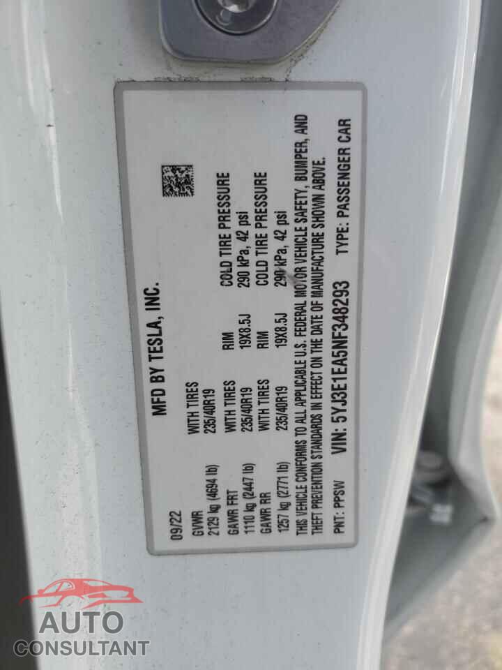 TESLA MODEL 3 2022 - 5YJ3E1EA5NF348293
