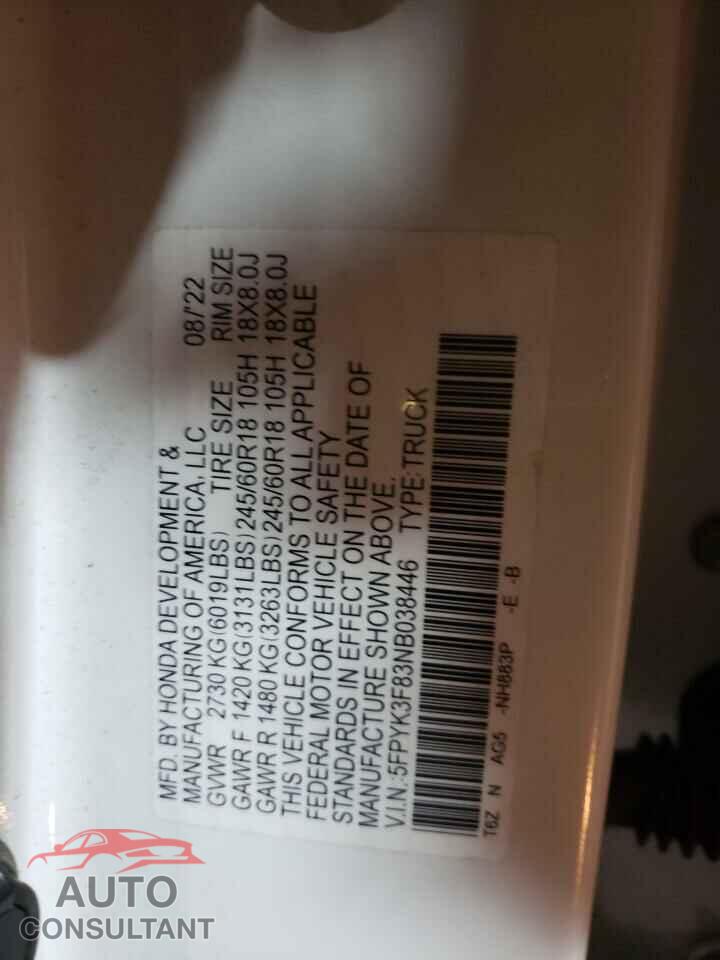 HONDA RIDGELINE 2022 - 5FPYK3F83NB038446