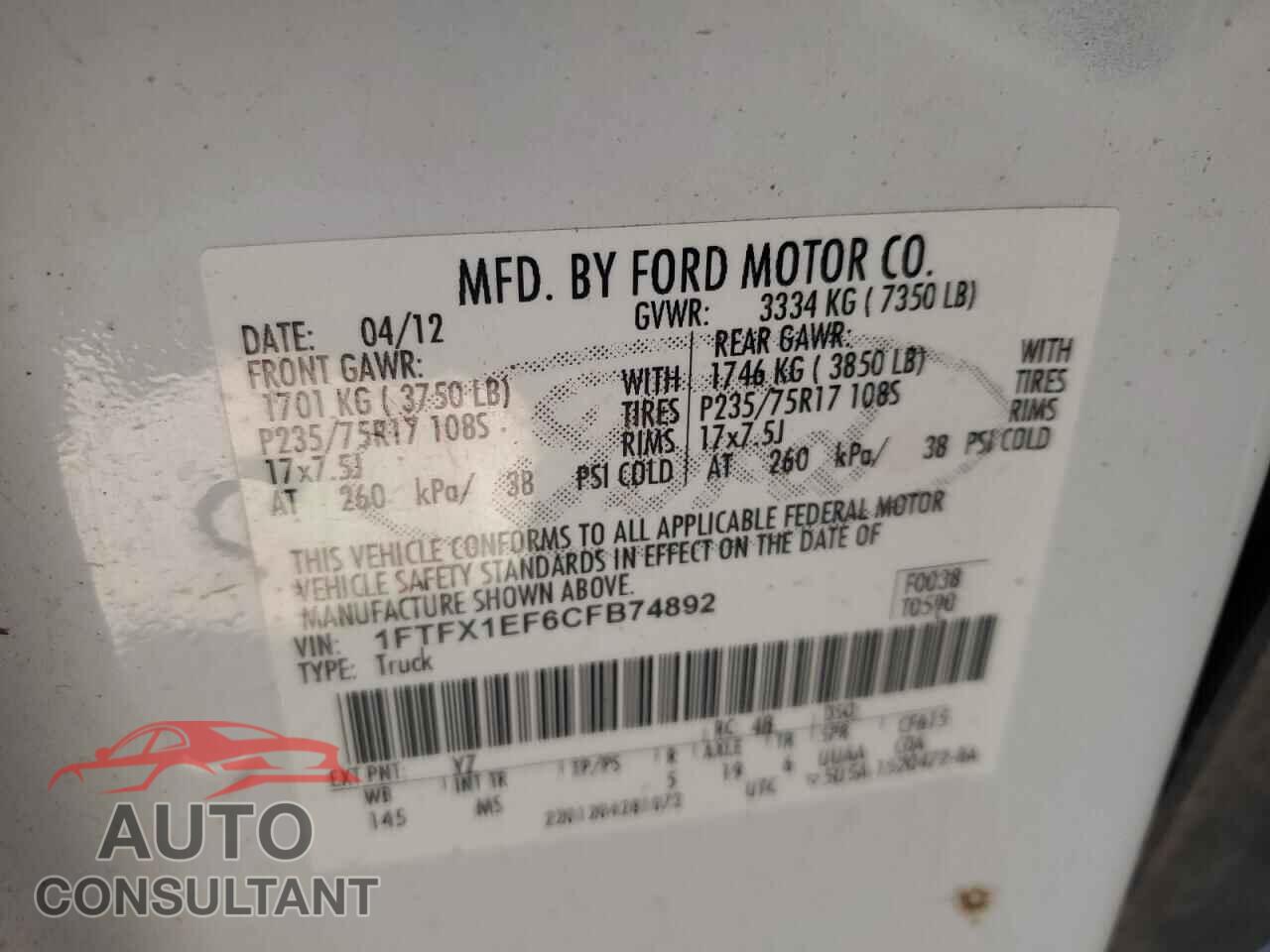 FORD F-150 2012 - 1FTFX1EF6CFB74892