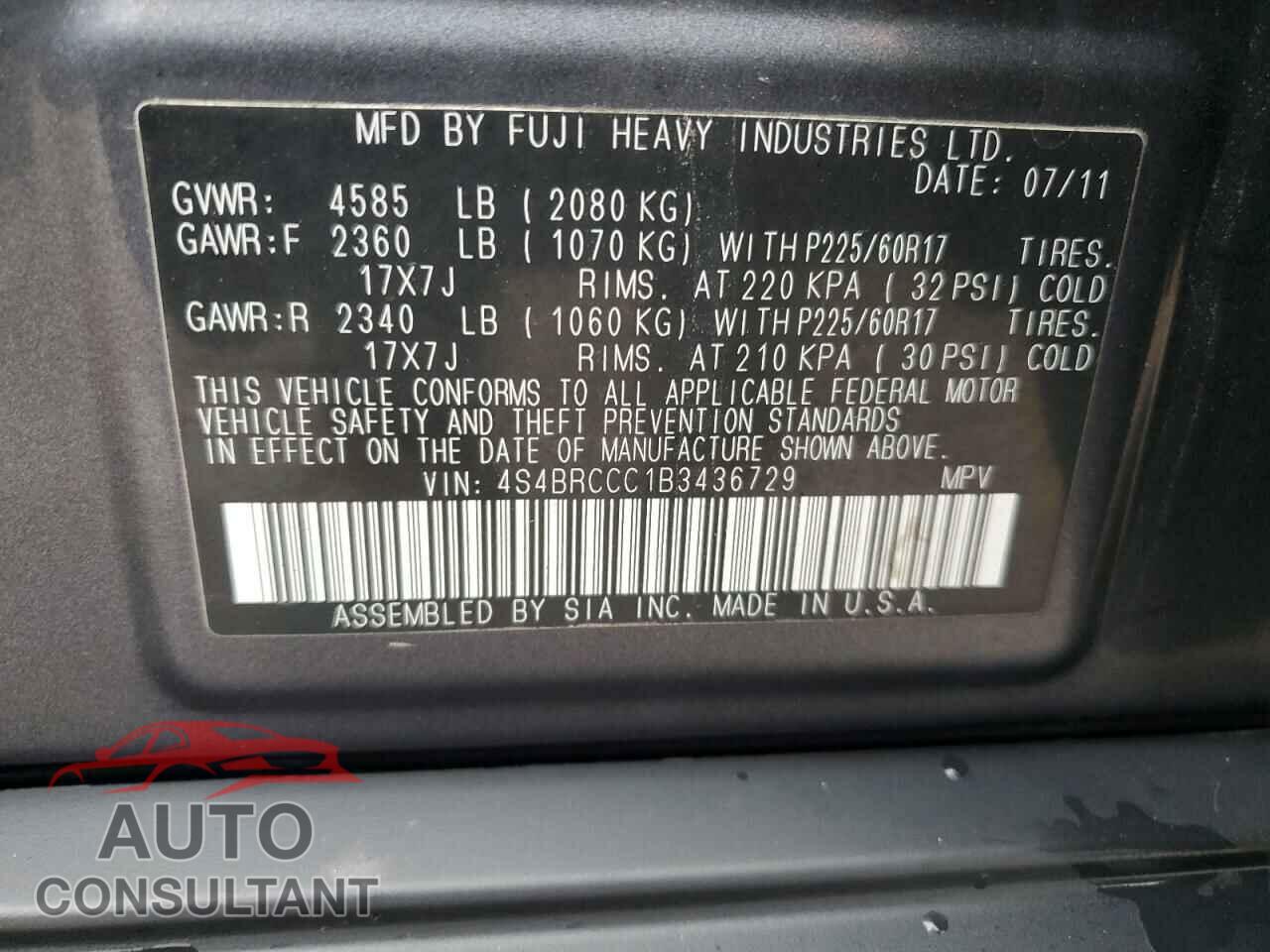 SUBARU OUTBACK 2011 - 4S4BRCCC1B3436729