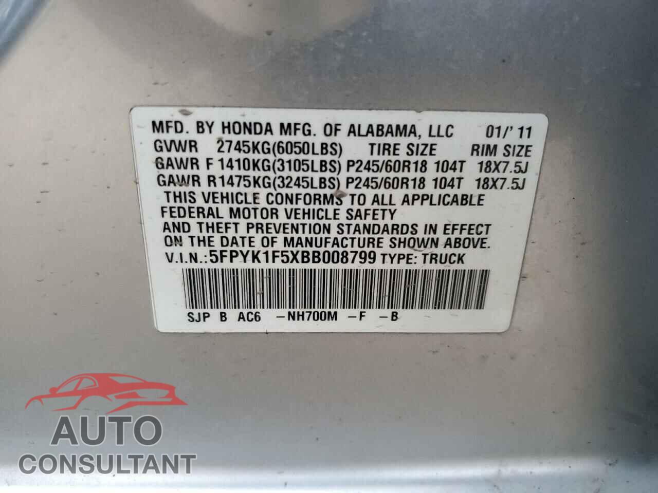 HONDA RIDGELINE 2011 - 5FPYK1F5XBB008799