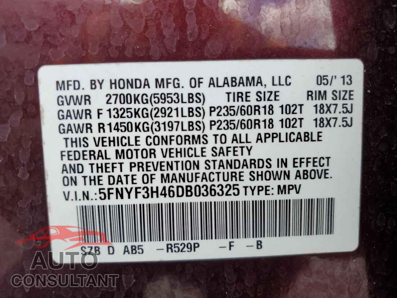 HONDA PILOT 2013 - 5FNYF3H46DB036325