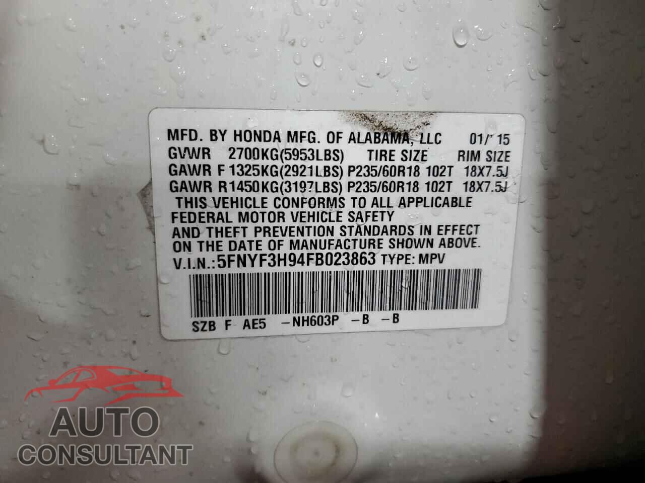 HONDA PILOT 2015 - 5FNYF3H94FB023863