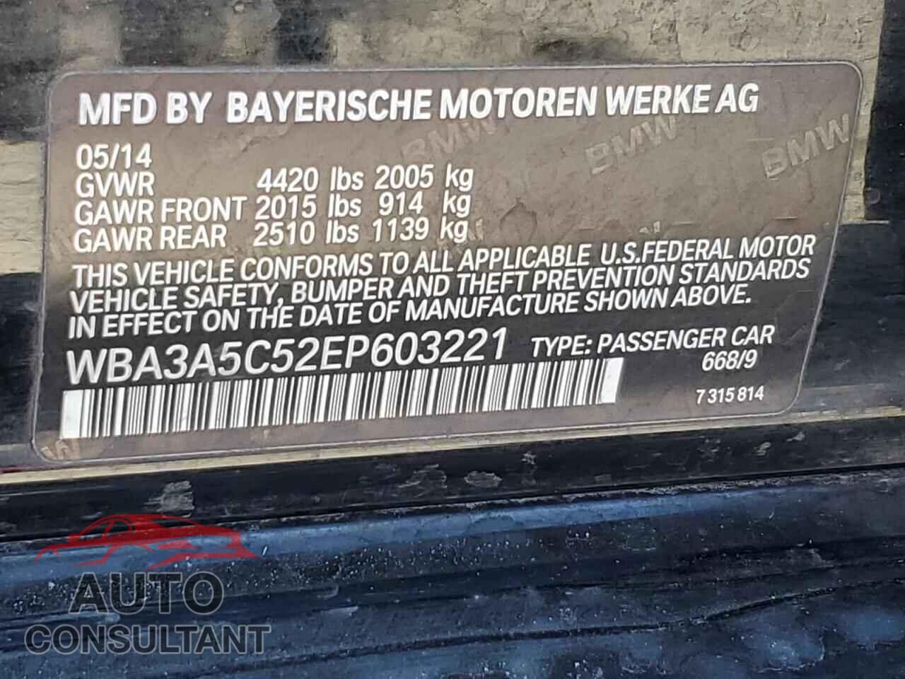 BMW 3 SERIES 2014 - WBA3A5C52EP603221