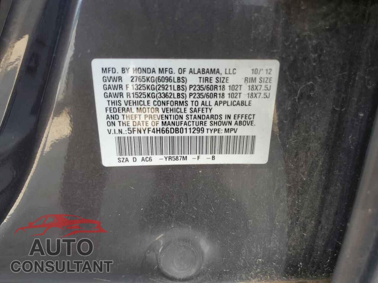 HONDA PILOT 2013 - 5FNYF4H66DB011299
