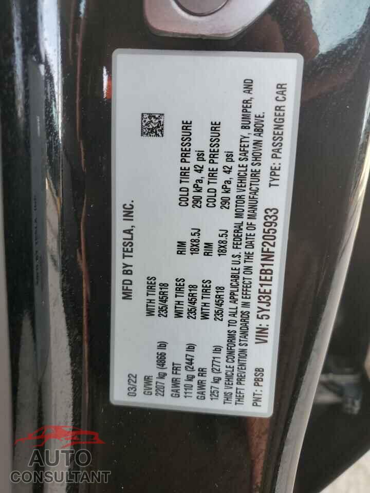 TESLA MODEL 3 2022 - 5YJ3E1EB1NF205933