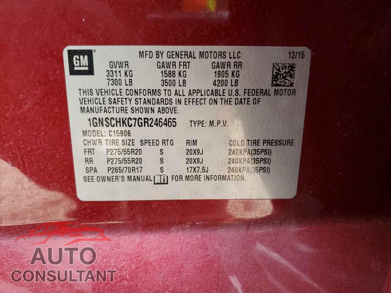 CHEVROLET SUBURBAN 2016 - 1GNSCHKC7GR246465
