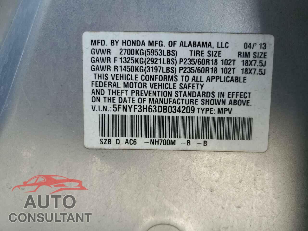 HONDA PILOT 2013 - 5FNYF3H63DB034209
