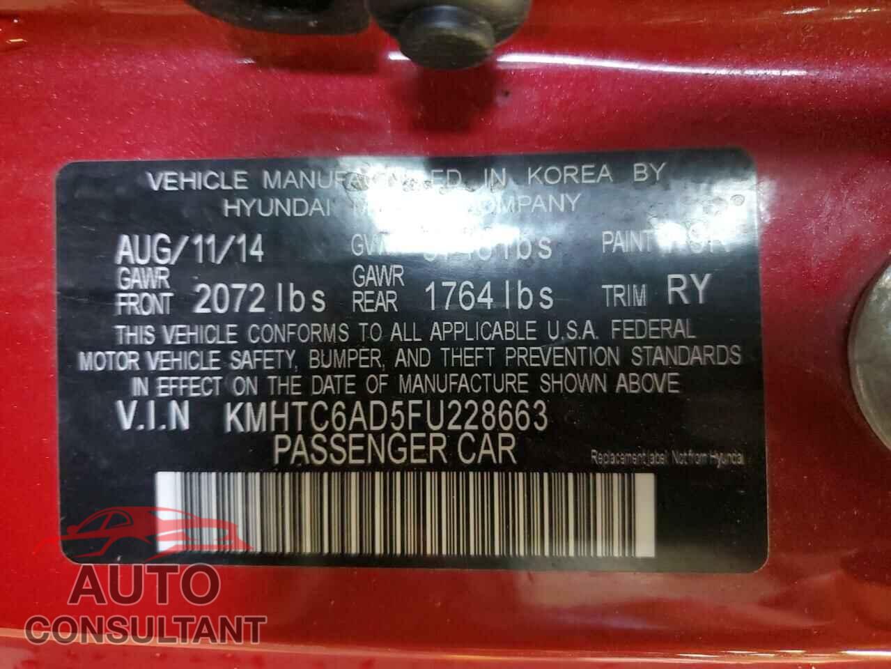 HYUNDAI VELOSTER 2015 - KMHTC6AD5FU228663