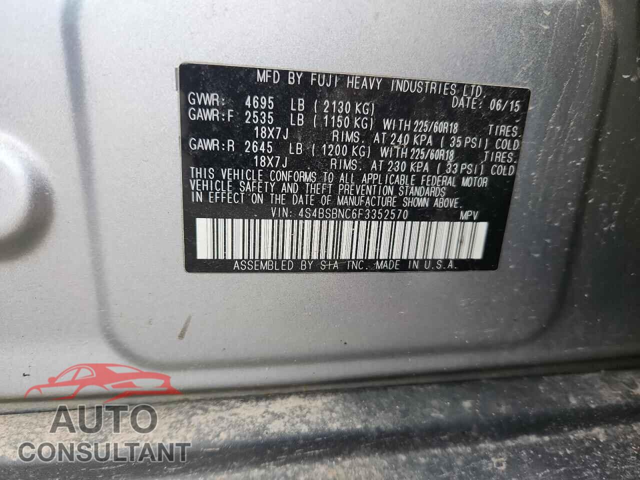 SUBARU OUTBACK 2015 - 4S4BSBNC6F3352570
