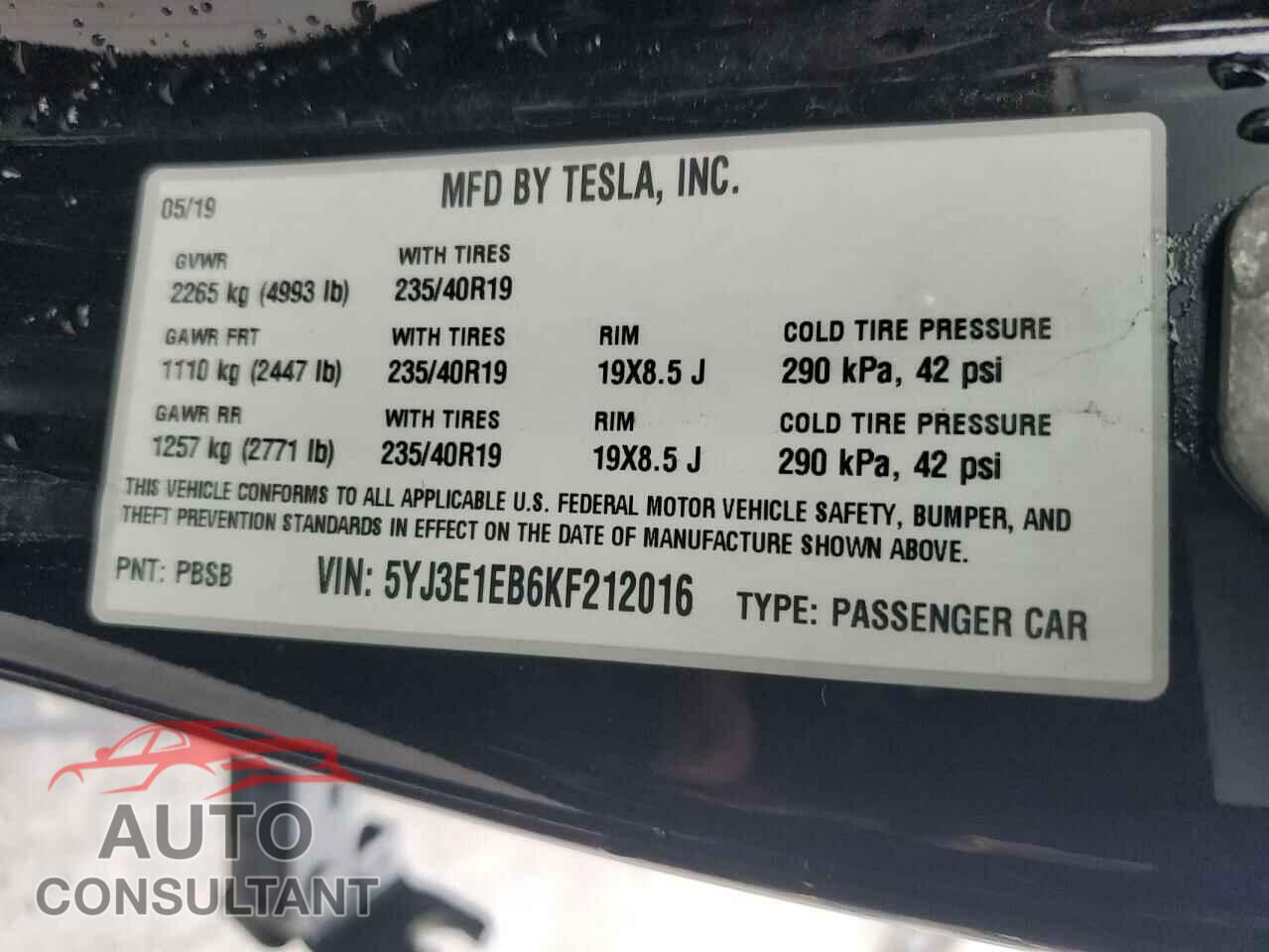 TESLA MODEL 3 2019 - 5YJ3E1EB6KF212016