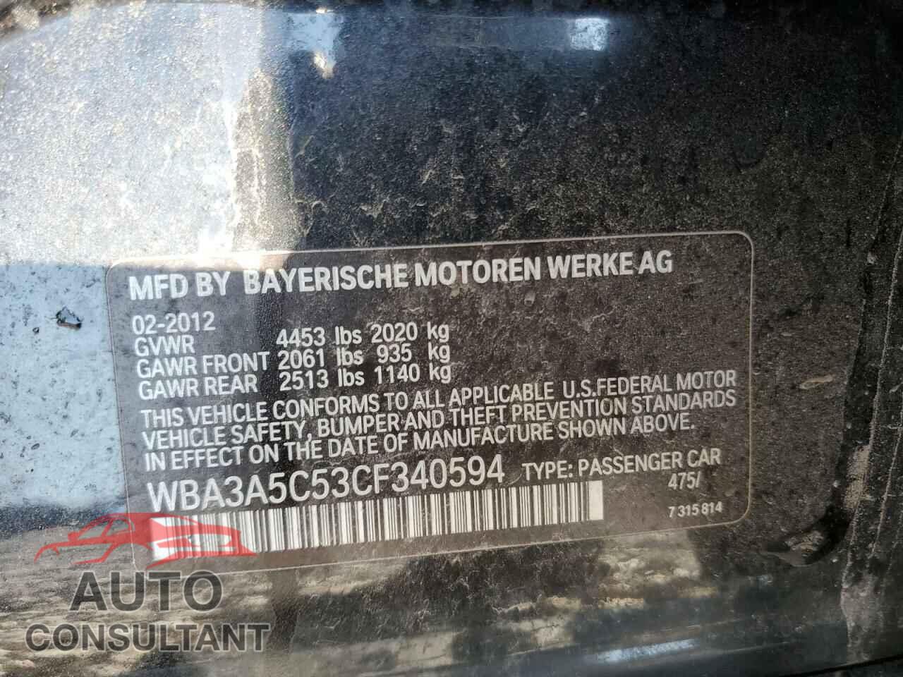 BMW 3 SERIES 2012 - WBA3A5C53CF340594