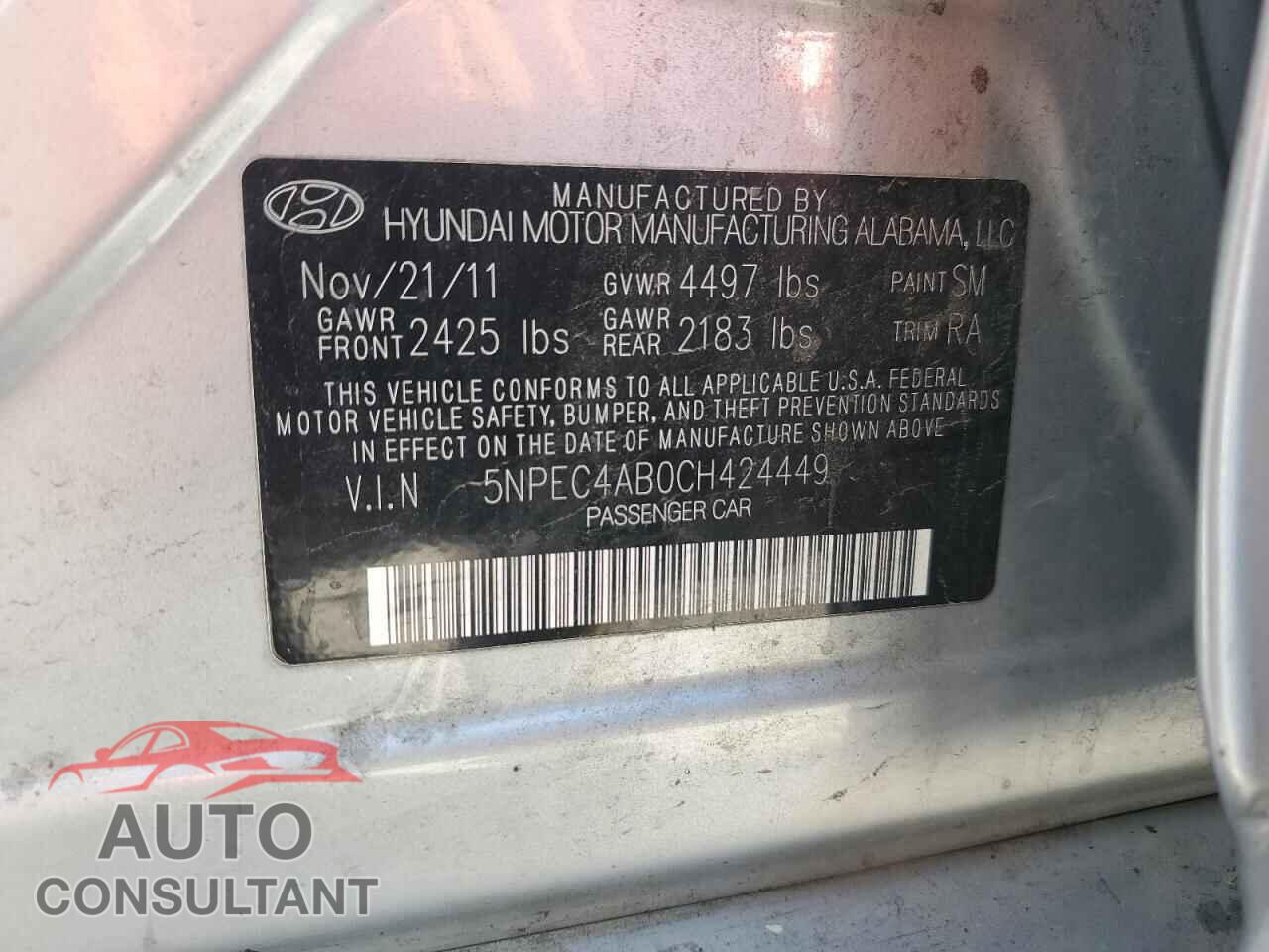 HYUNDAI SONATA 2012 - 5NPEC4AB0CH424449