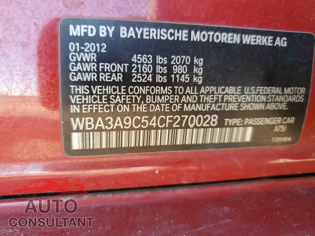 BMW 3 SERIES 2012 - WBA3A9C54CF270028