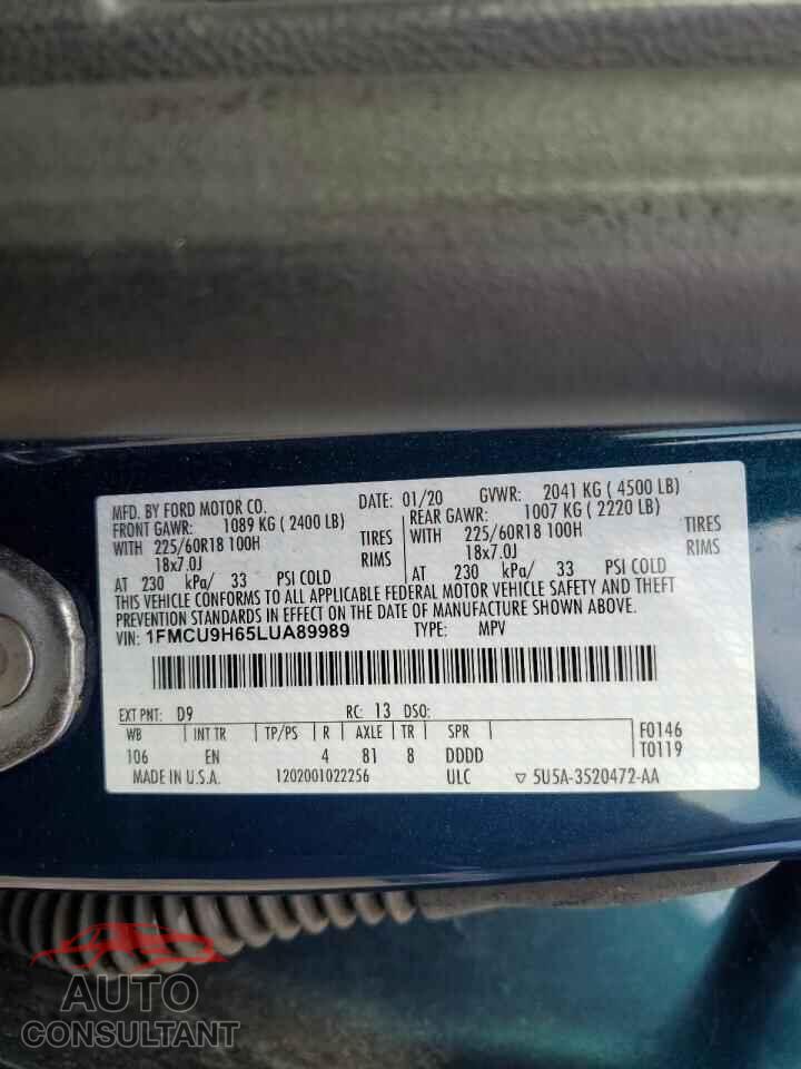 FORD ESCAPE 2020 - 1FMCU9H65LUA89989