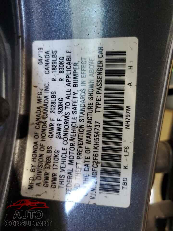 HONDA CIVIC 2019 - 2HGFC2F61KH554737