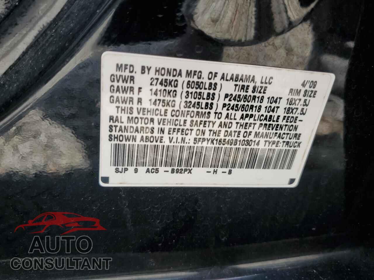 HONDA RIDGELINE 2009 - 5FPYK16549B103014
