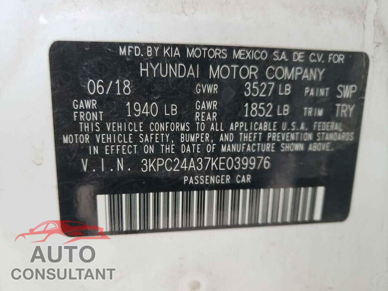 HYUNDAI ACCENT 2019 - 3KPC24A37KE039976