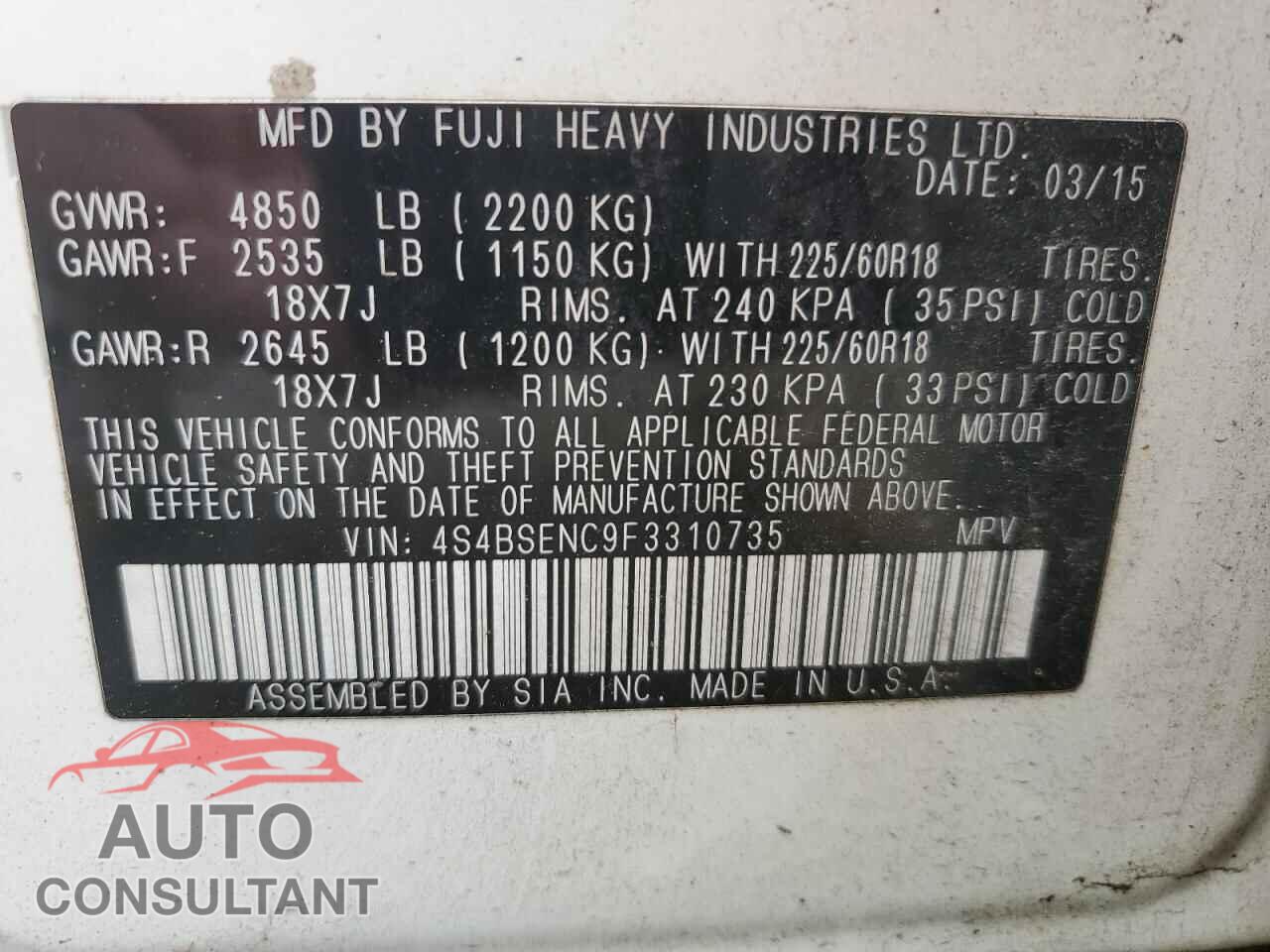 SUBARU OUTBACK 2015 - 4S4BSENC9F3310735