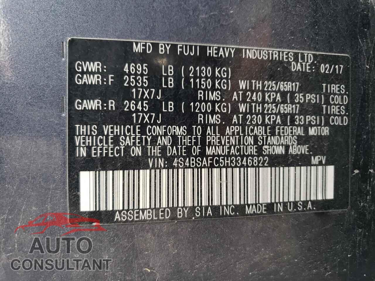 SUBARU OUTBACK 2017 - 4S4BSAFC5H3346822