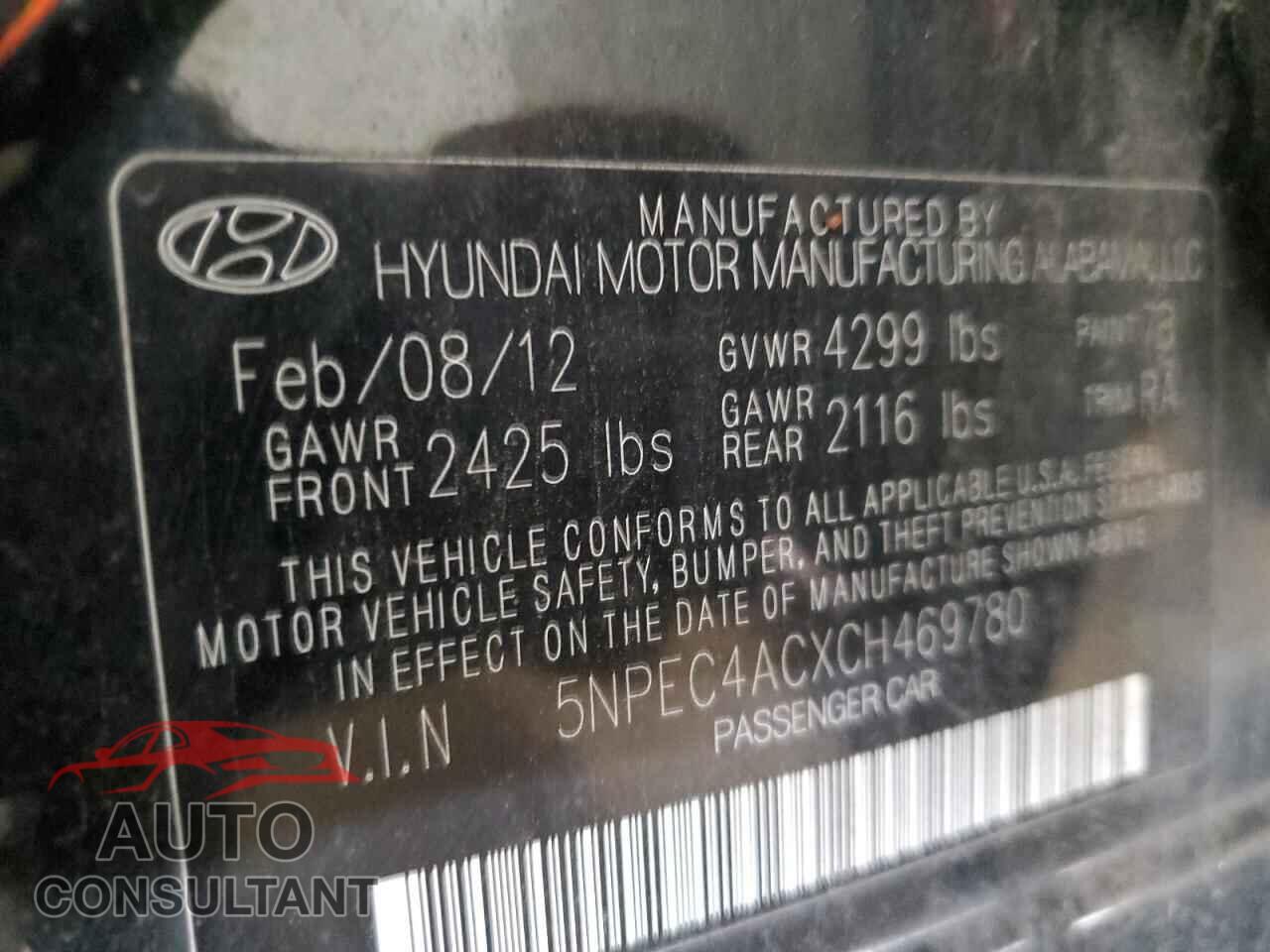 HYUNDAI SONATA 2012 - 5NPEC4ACXCH469780