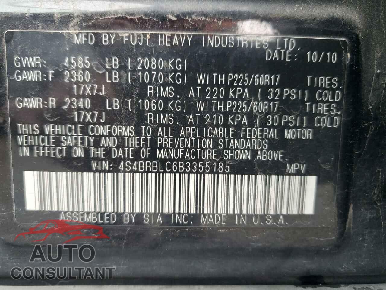 SUBARU OUTBACK 2011 - 4S4BRBLC6B3355185