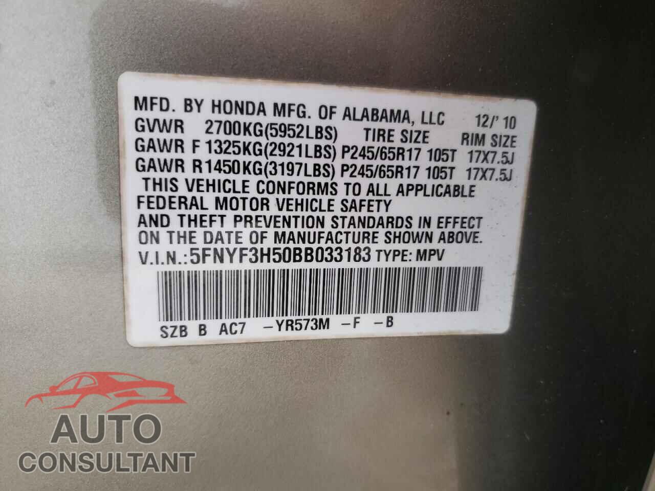 HONDA PILOT 2011 - 5FNYF3H50BB033183