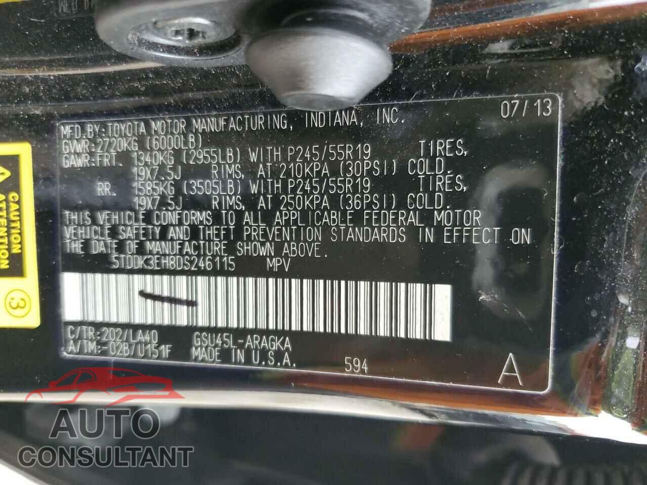 TOYOTA HIGHLANDER 2013 - 5TDDK3EH8DS246115
