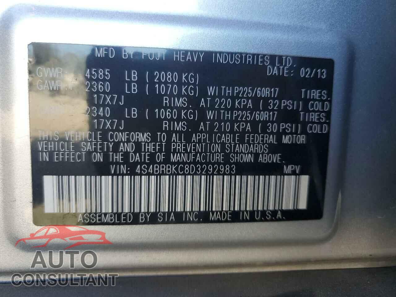 SUBARU OUTBACK 2013 - 4S4BRBKC8D3292983