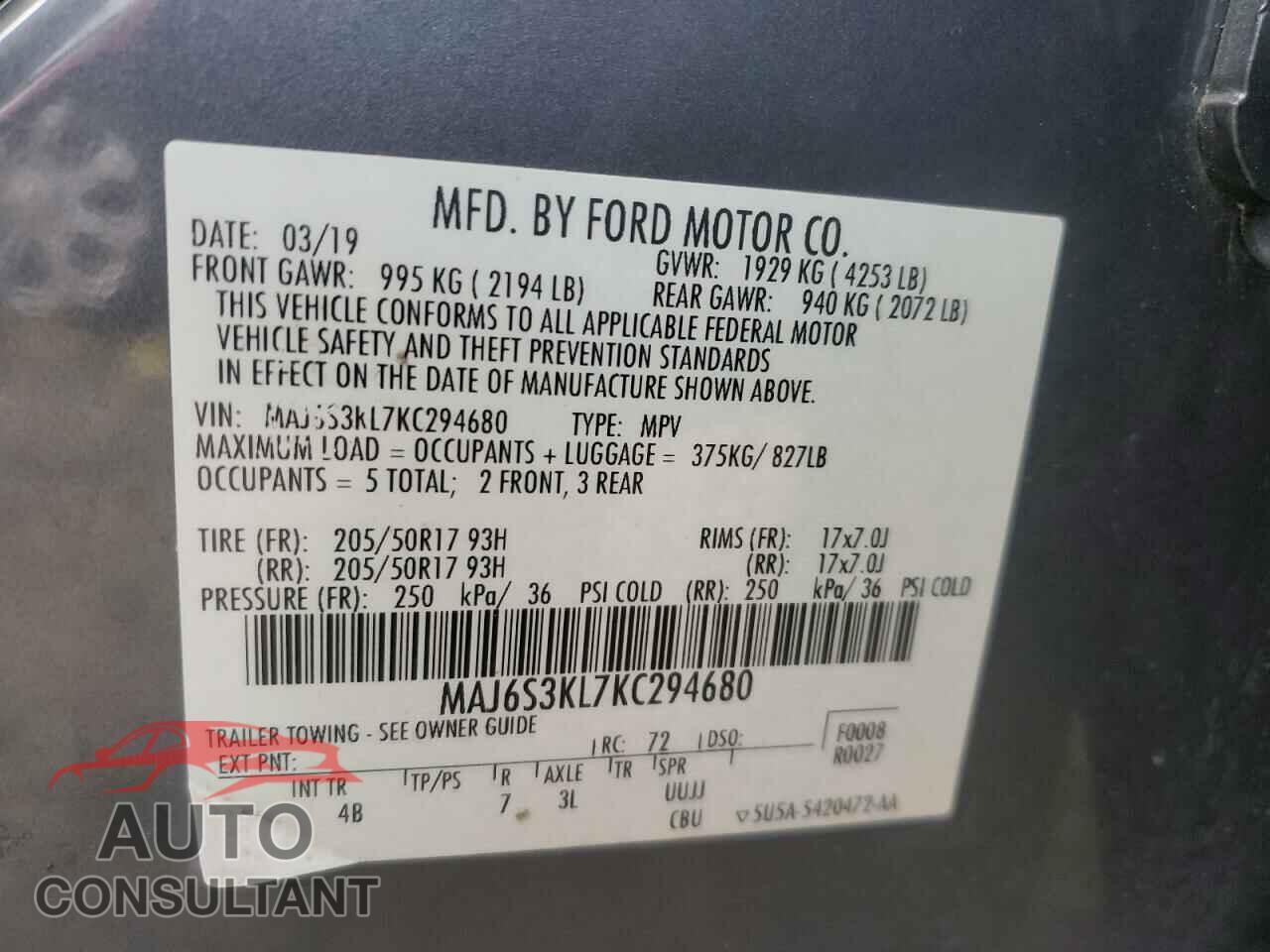 FORD ECOSPORT 2019 - MAJ6S3KL7KC294680