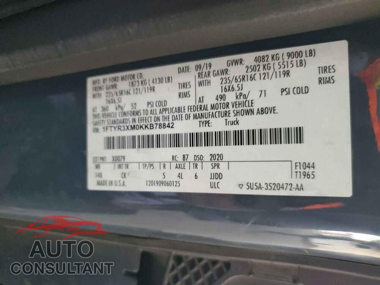 FORD TRANSIT 2019 - 1FTYR3XM0KKB78842