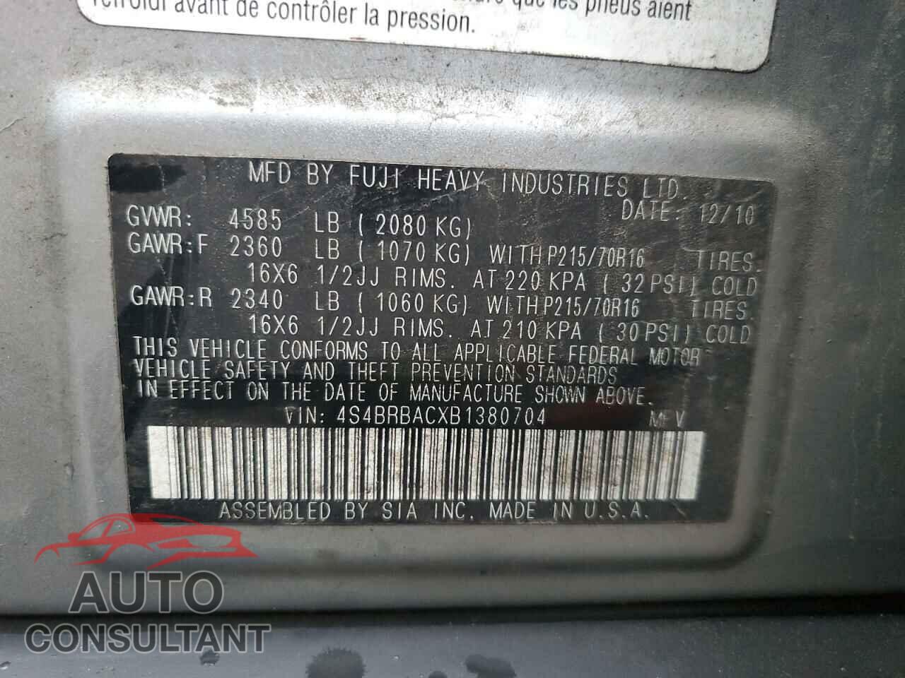 SUBARU OUTBACK 2011 - 4S4BRBACXB1380704