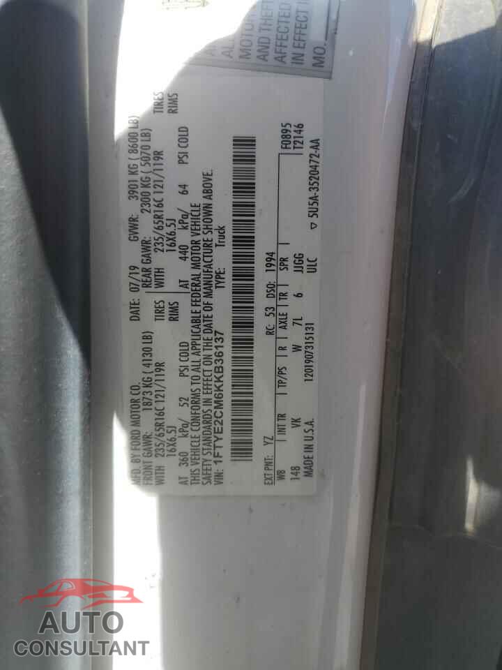 FORD TRANSIT 2019 - 1FTYE2CM6KKB36137