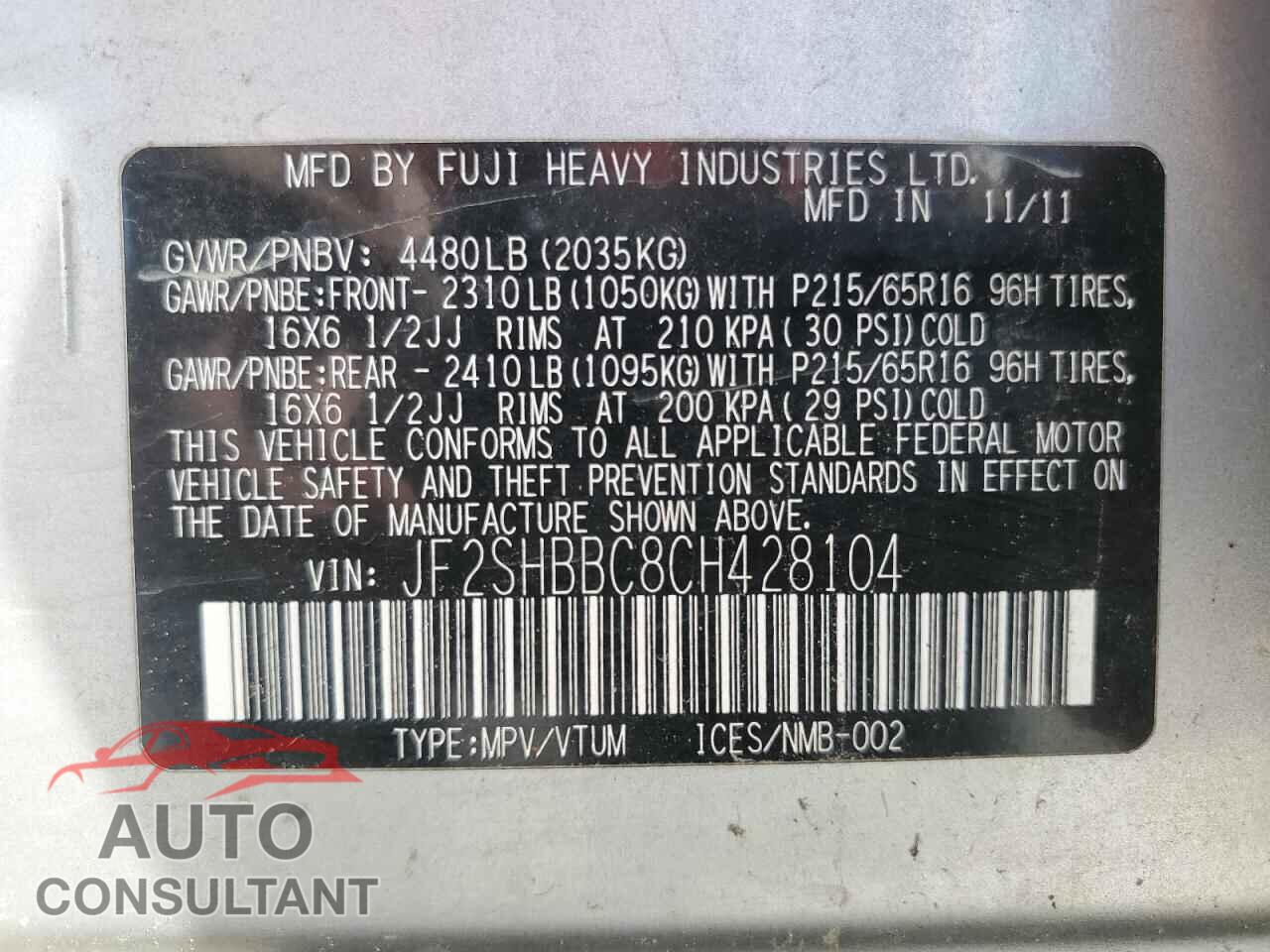 SUBARU FORESTER 2012 - JF2SHBBC8CH428104