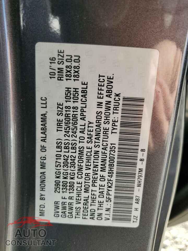 HONDA RIDGELINE 2017 - 5FPYK2F48HB007351