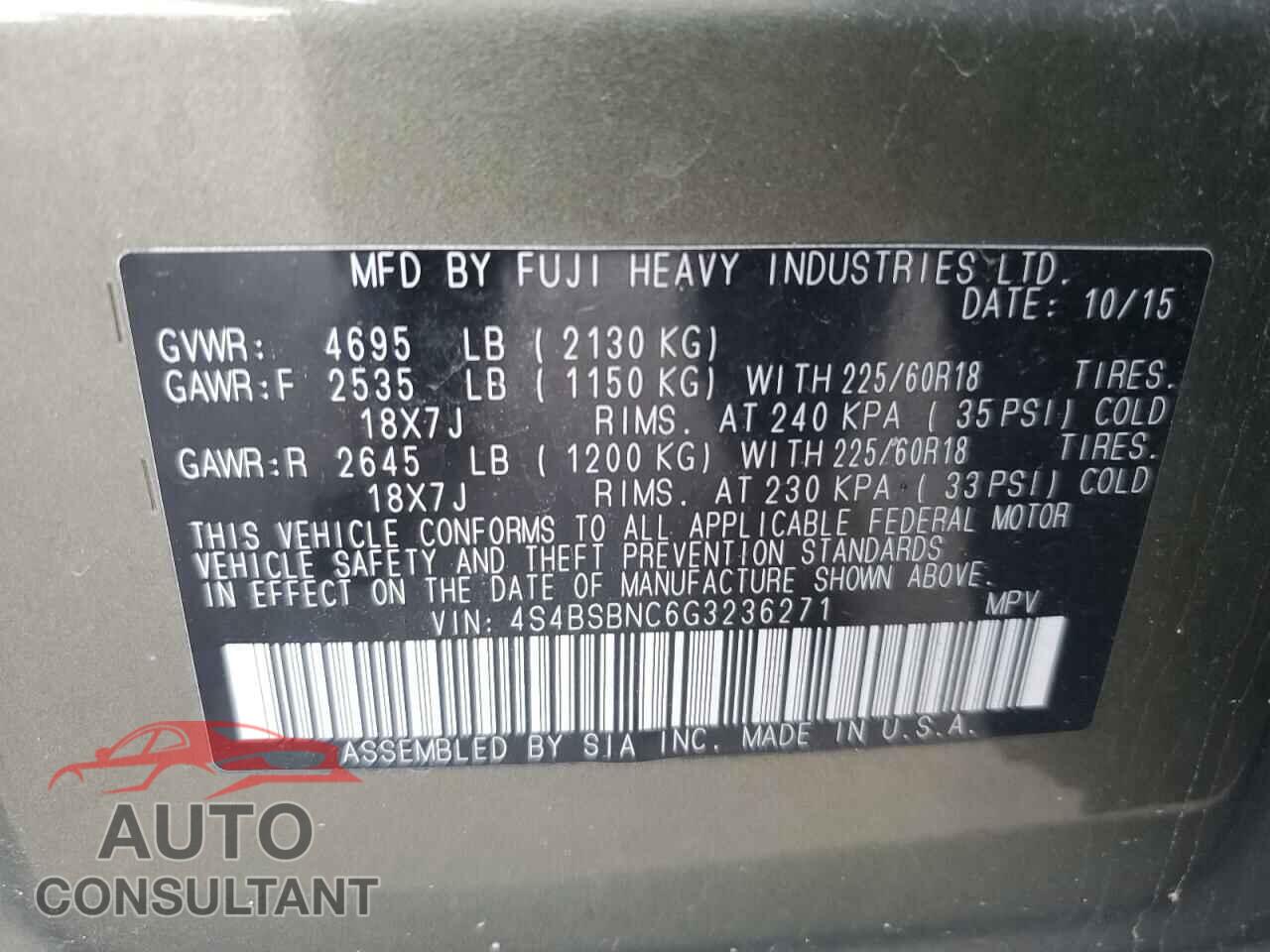 SUBARU OUTBACK 2016 - 4S4BSBNC6G3236271