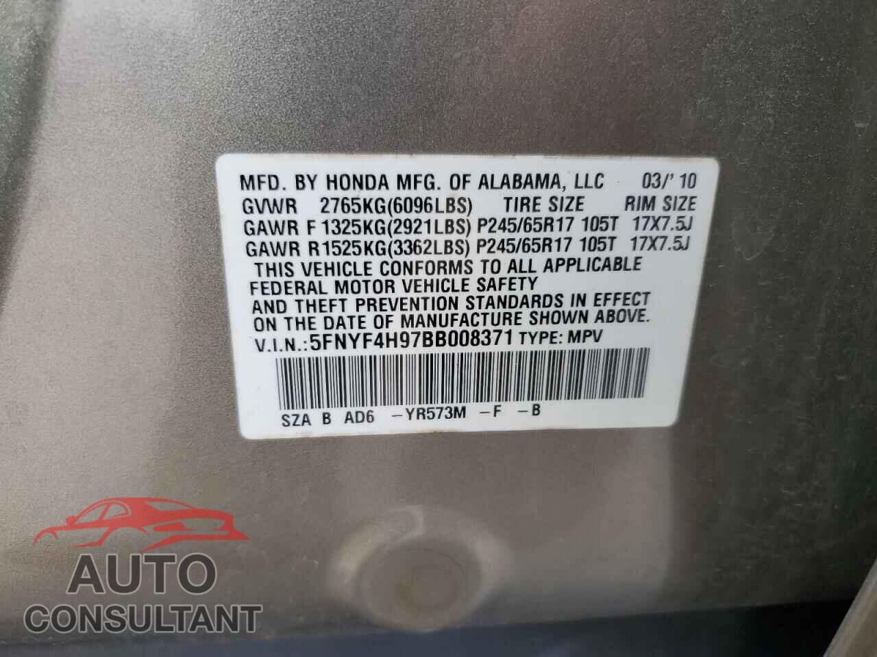 HONDA PILOT 2011 - 5FNYF4H97BB008371