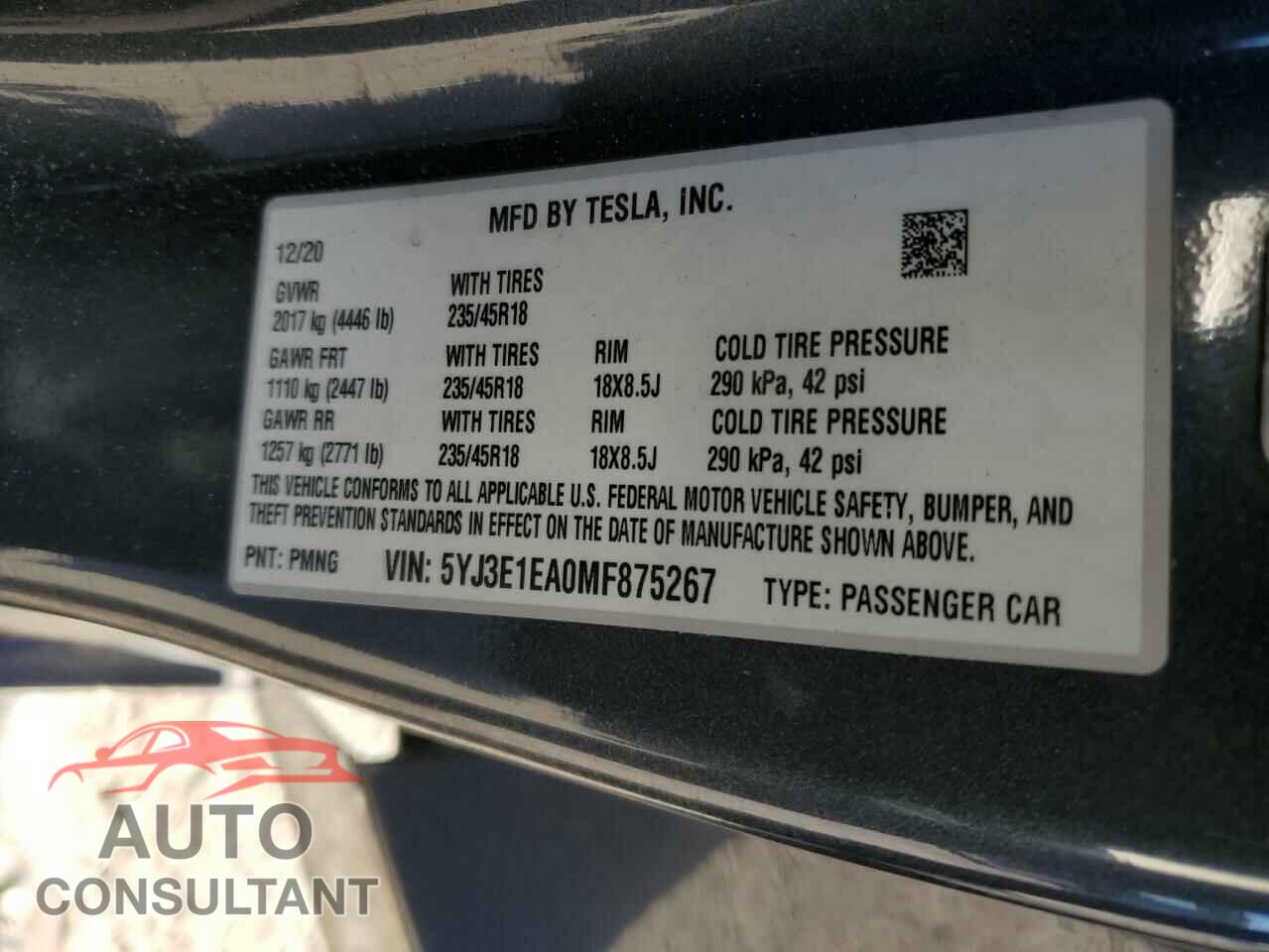 TESLA MODEL 3 2021 - 5YJ3E1EA0MF875267