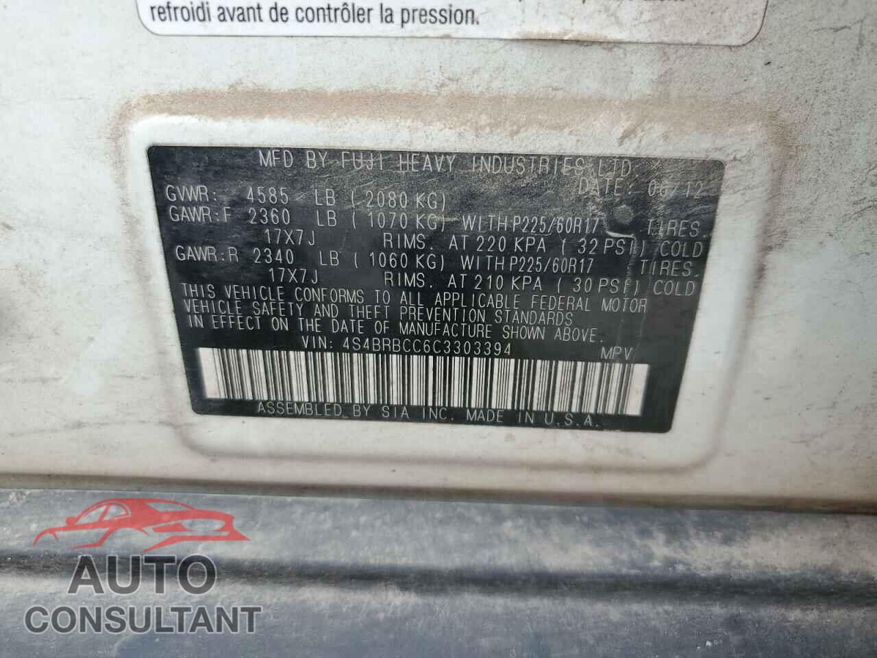 SUBARU OUTBACK 2012 - 4S4BRBCC6C3303394