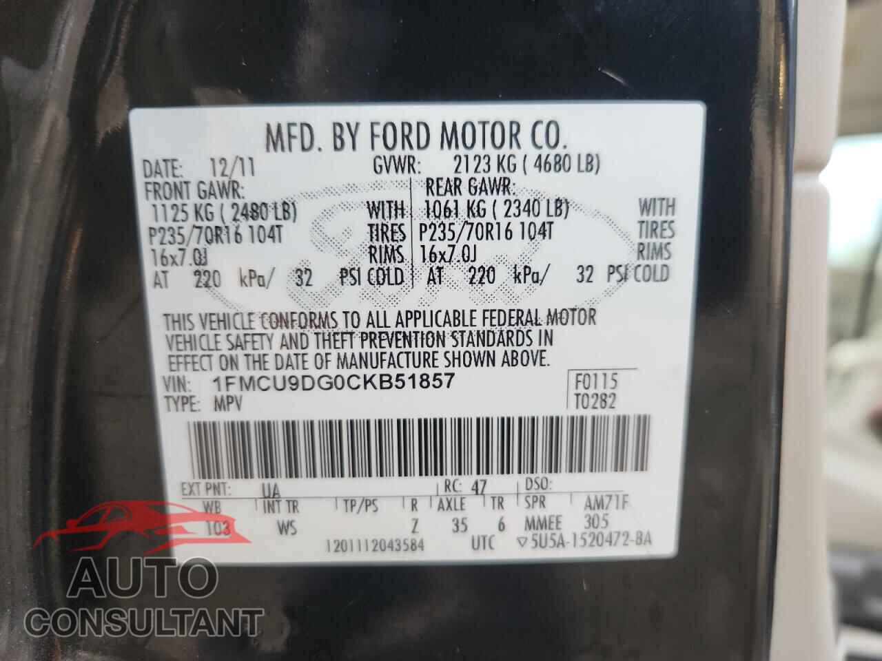 FORD ESCAPE 2012 - 1FMCU9DG0CKB51857