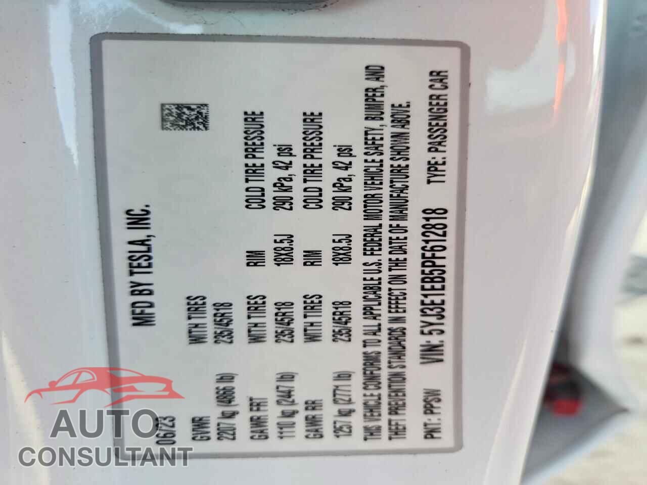 TESLA MODEL 3 2023 - 5YJ3E1EB5PF612818