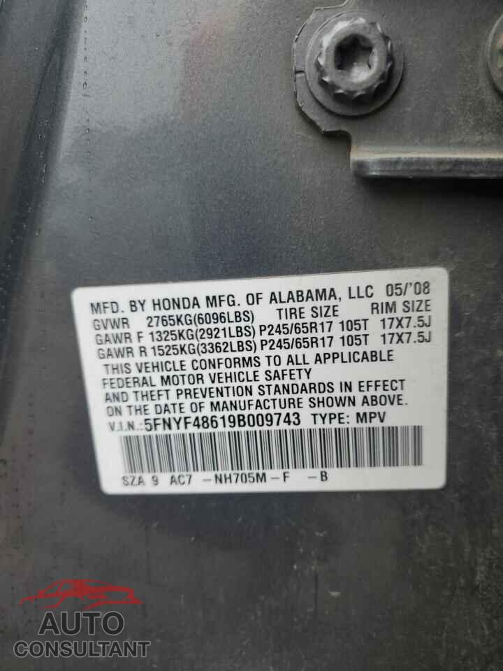 HONDA PILOT 2009 - 5FNYF48619B009743