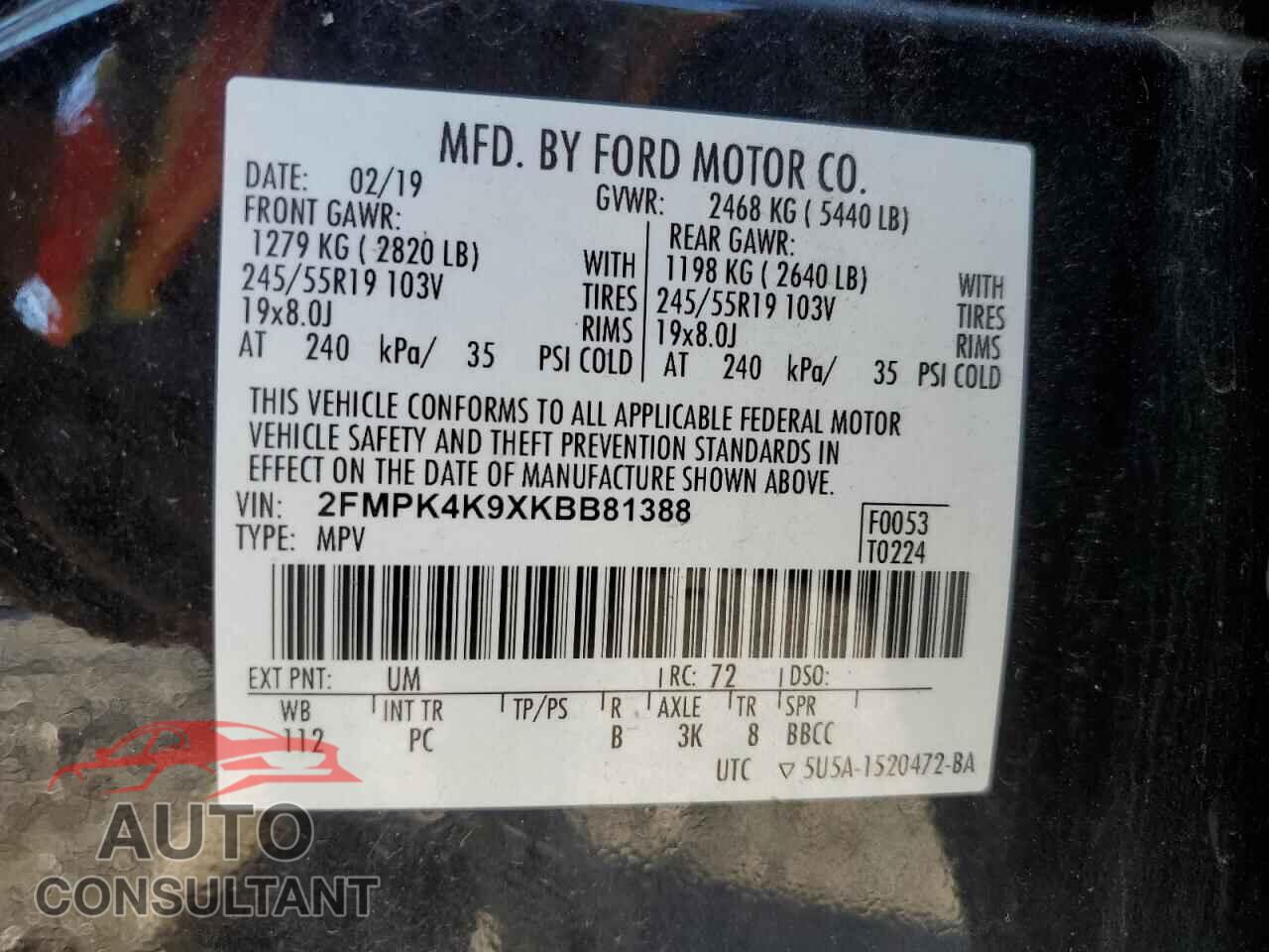 FORD EDGE 2019 - 2FMPK4K9XKBB81388