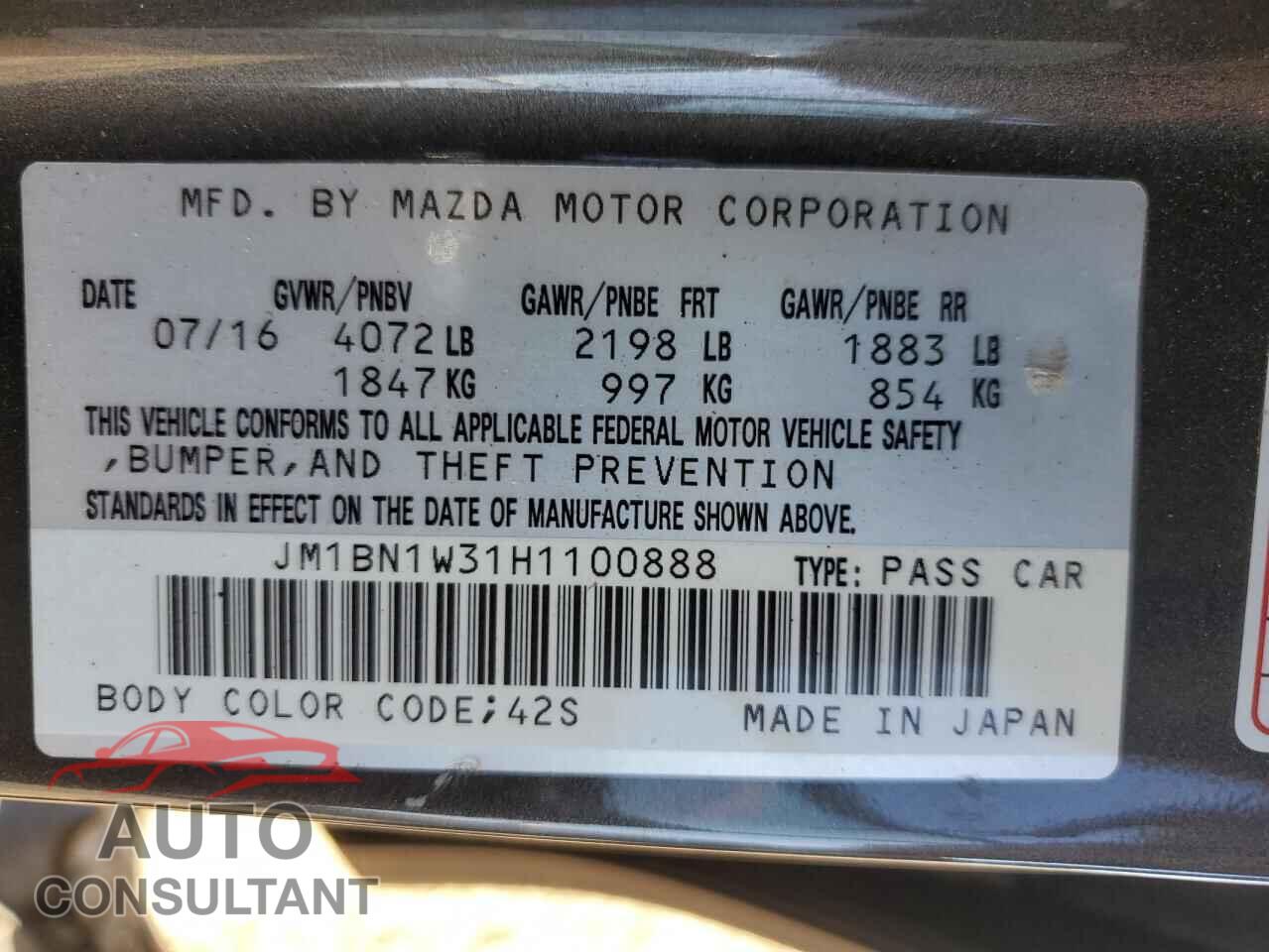 MAZDA 3 2017 - JM1BN1W31H1100888