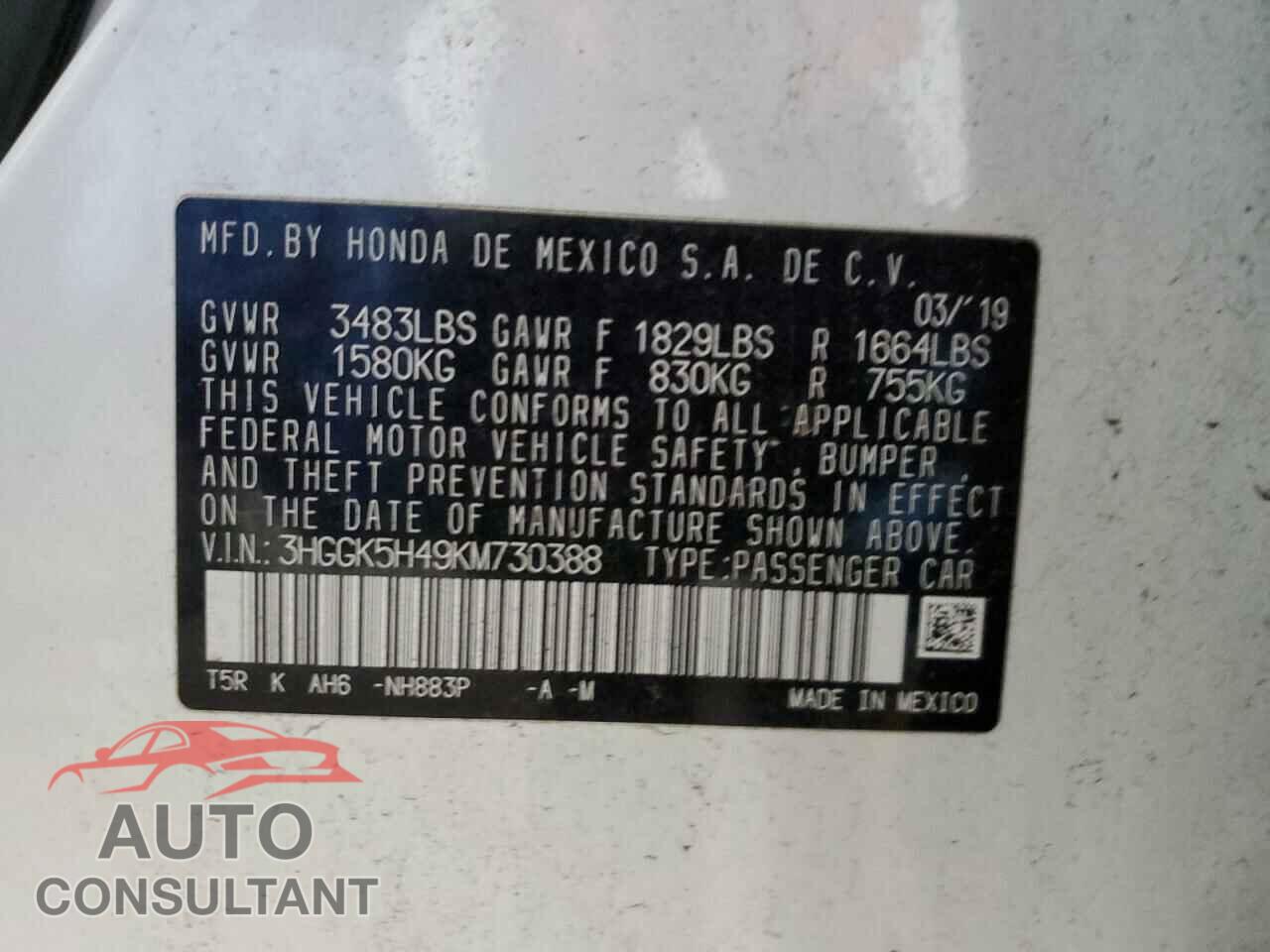 HONDA FIT 2019 - 3HGGK5H49KM730388