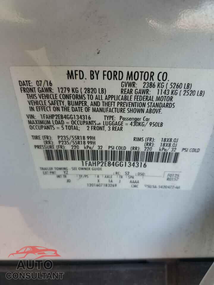 FORD TAURUS 2016 - 1FAHP2E84GG134316