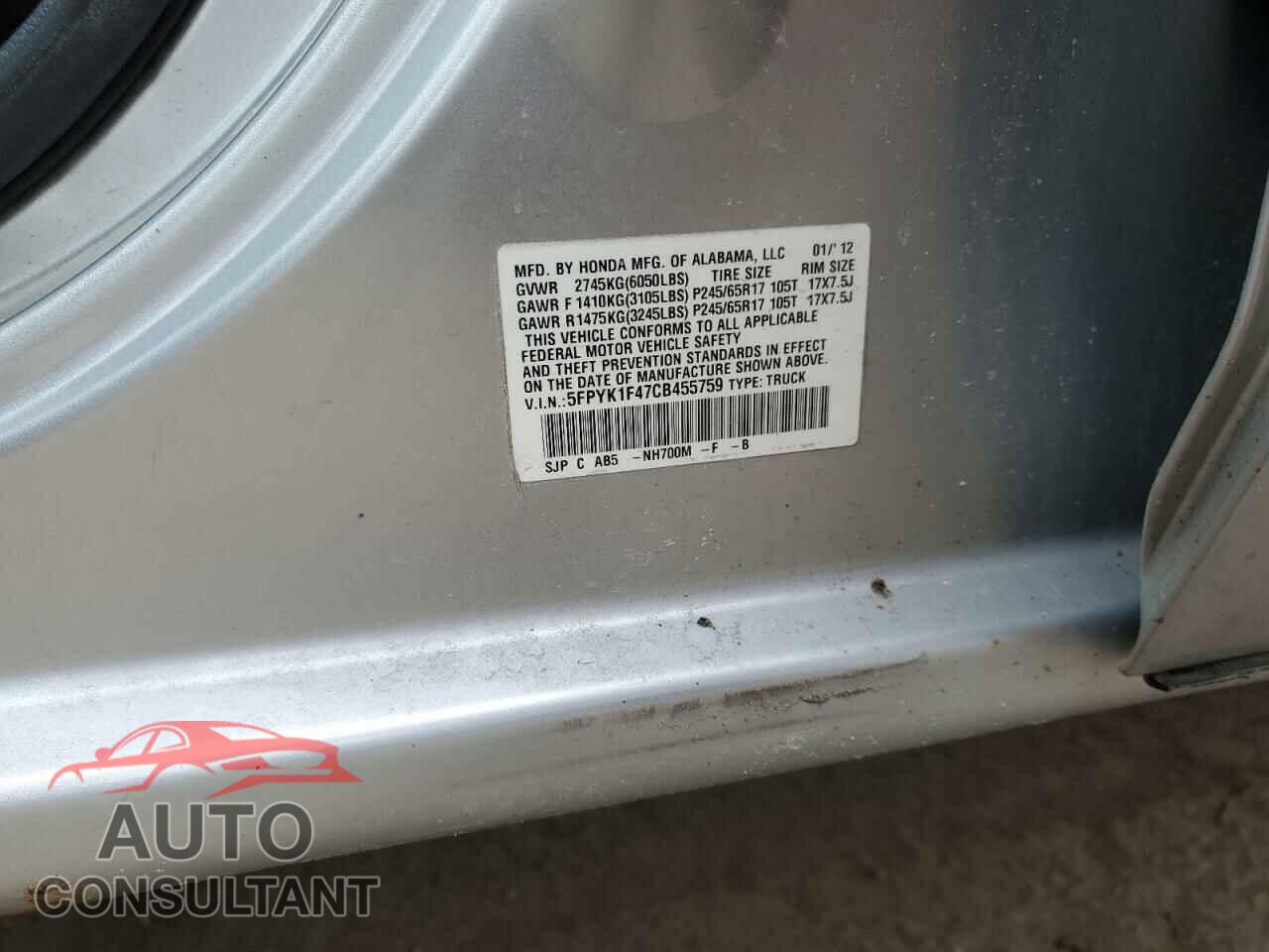 HONDA RIDGELINE 2012 - 5FPYK1F47CB455759